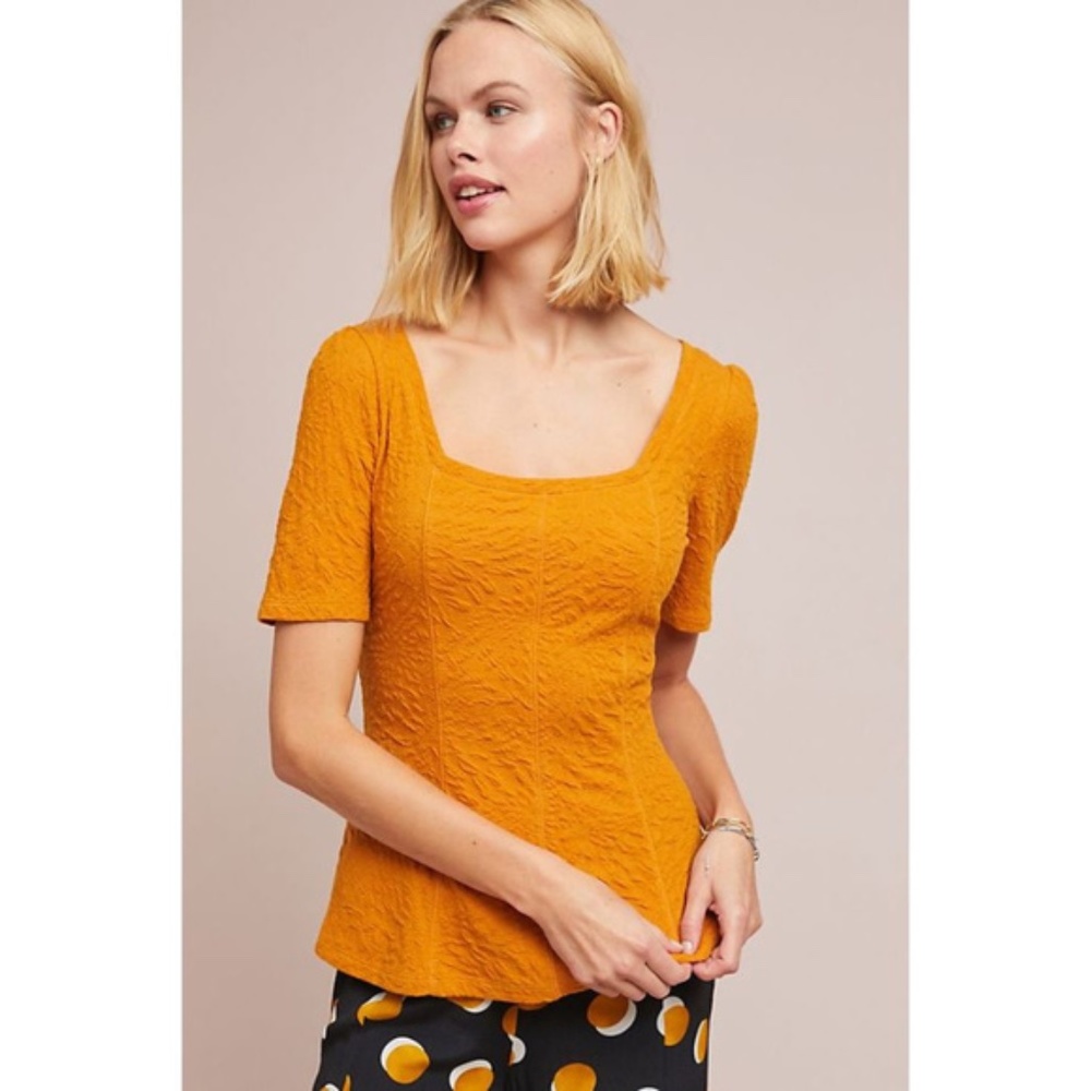 Anthropologie Textured Square-Neck Short Sleeve Top in Mustard Yellow